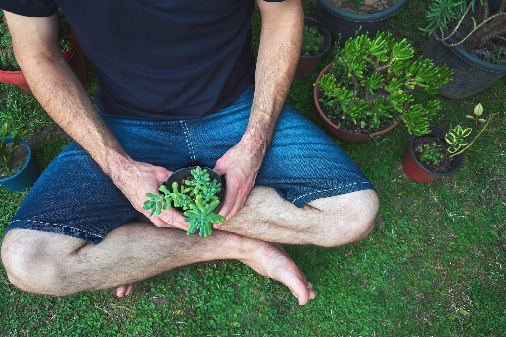 Barefoot in the garden with a new plant, a simple moment of calm